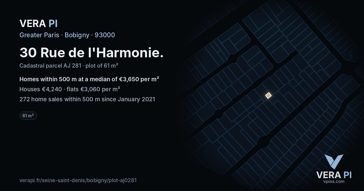 30 Rue de l'Harmonie, Bobigny at night – the plot lit, the parcels around coloured by the prices near them