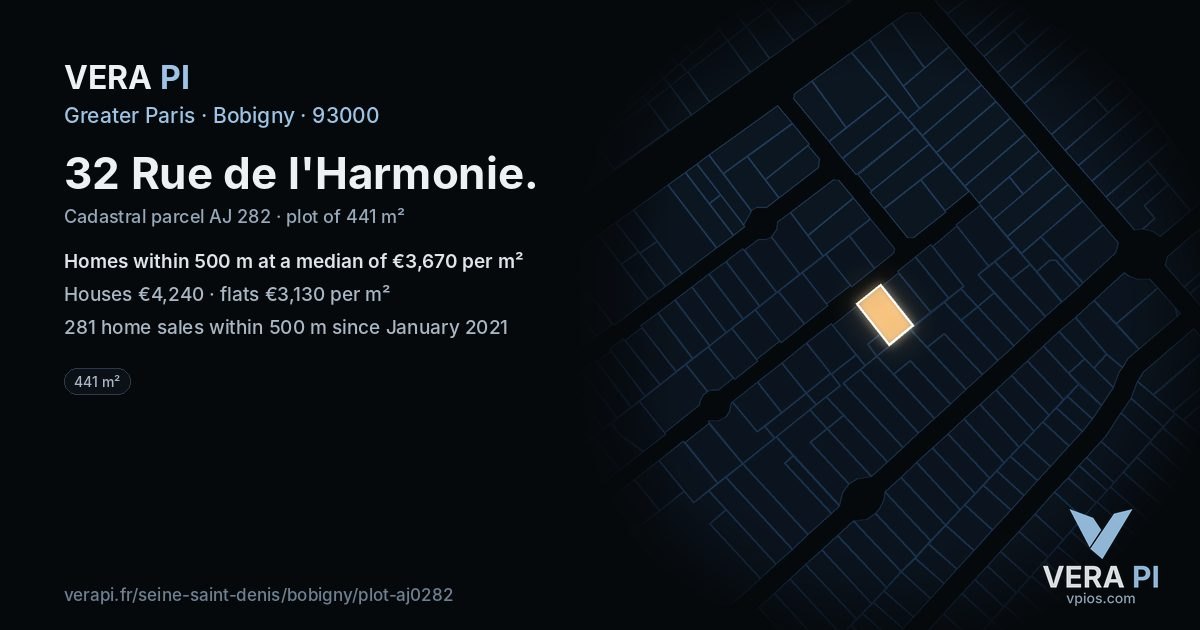 32 Rue de l'Harmonie, Bobigny at night – the plot lit, the parcels around coloured by the prices near them