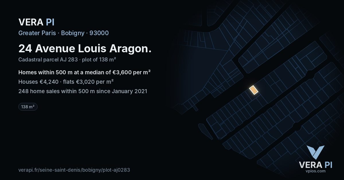 24 Avenue Louis Aragon, Bobigny at night – the plot lit, the parcels around coloured by the prices near them