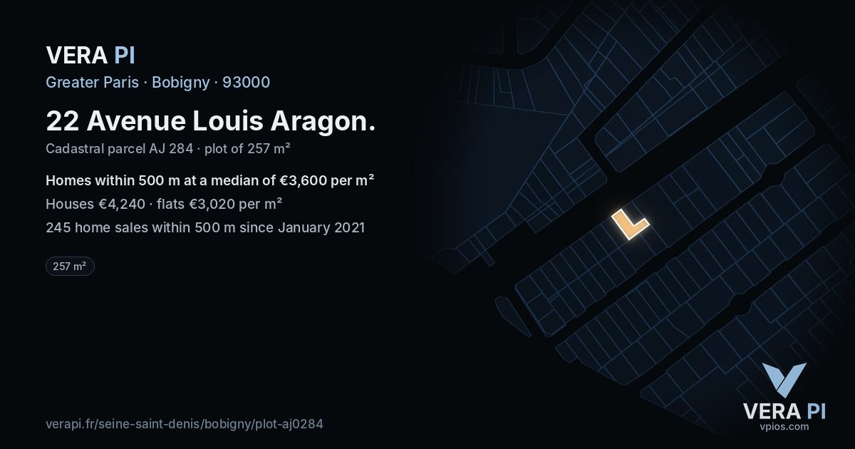 22 Avenue Louis Aragon, Bobigny at night – the plot lit, the parcels around coloured by the prices near them