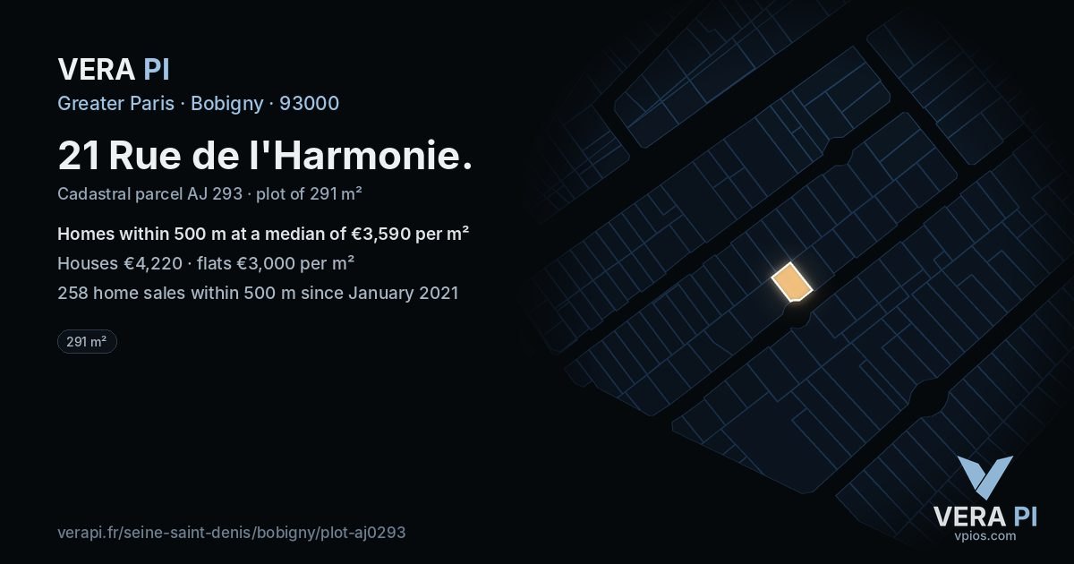 21 Rue de l'Harmonie, Bobigny at night – the plot lit, the parcels around coloured by the prices near them