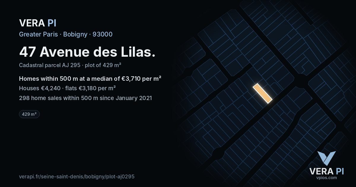 47 Avenue des Lilas, Bobigny at night – the plot lit, the parcels around coloured by the prices near them