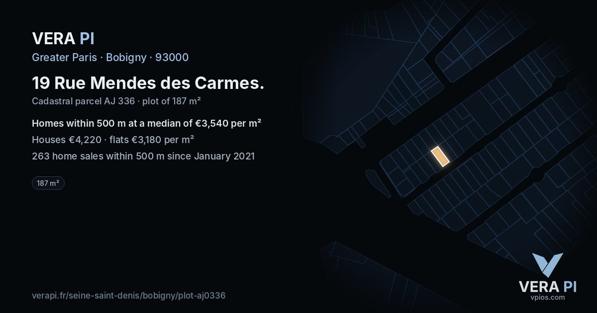 19 Rue Mendes des Carmes, Bobigny at night – the plot lit, the parcels around coloured by the prices near them