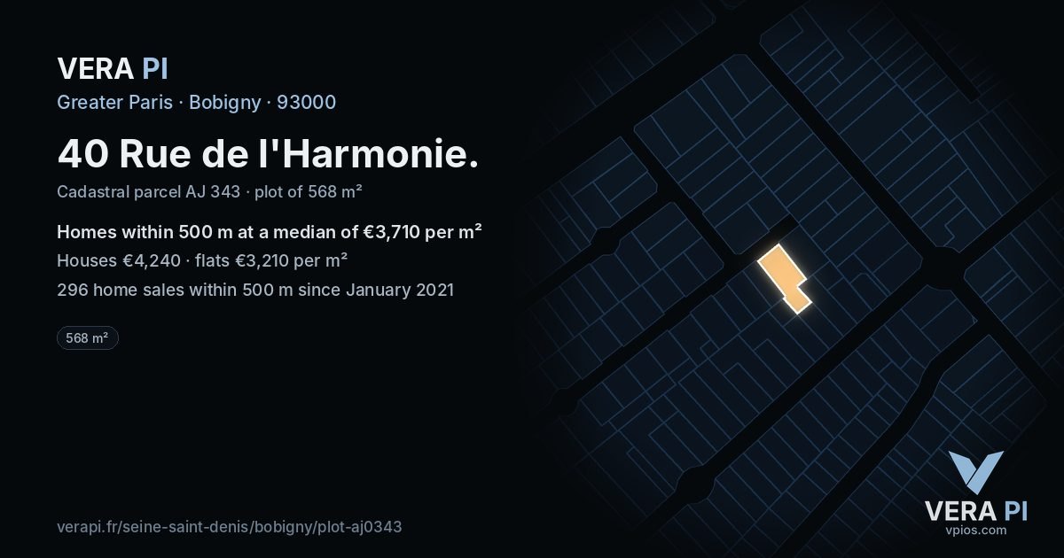 40 Rue de l'Harmonie, Bobigny at night – the plot lit, the parcels around coloured by the prices near them