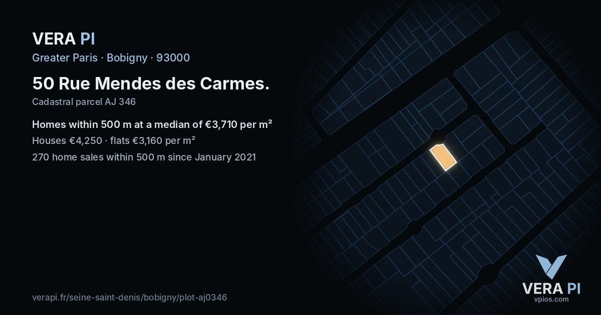 50 Rue Mendes des Carmes, Bobigny at night – the plot lit, the parcels around coloured by the prices near them