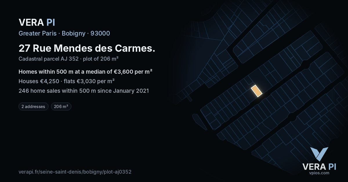 27 Rue Mendes des Carmes, Bobigny at night – the plot lit, the parcels around coloured by the prices near them
