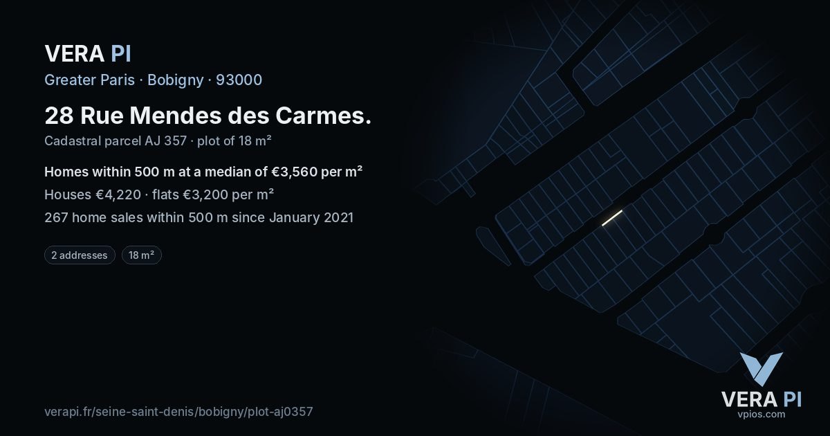 28 Rue Mendes des Carmes, Bobigny at night – the plot lit, the parcels around coloured by the prices near them