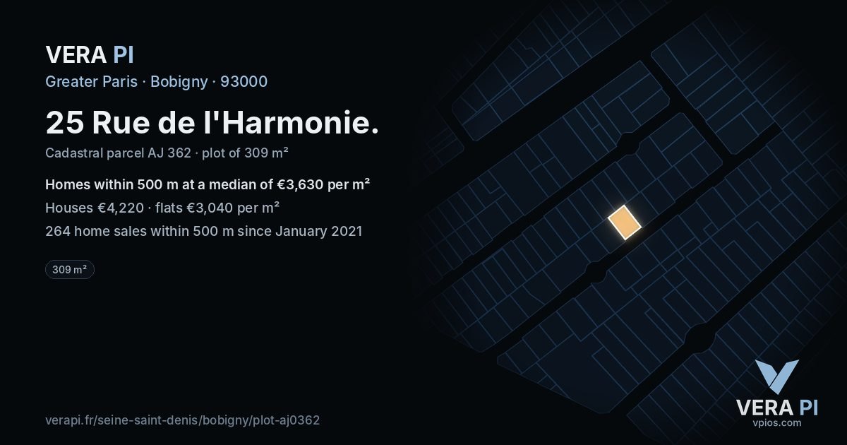 25 Rue de l'Harmonie, Bobigny at night – the plot lit, the parcels around coloured by the prices near them