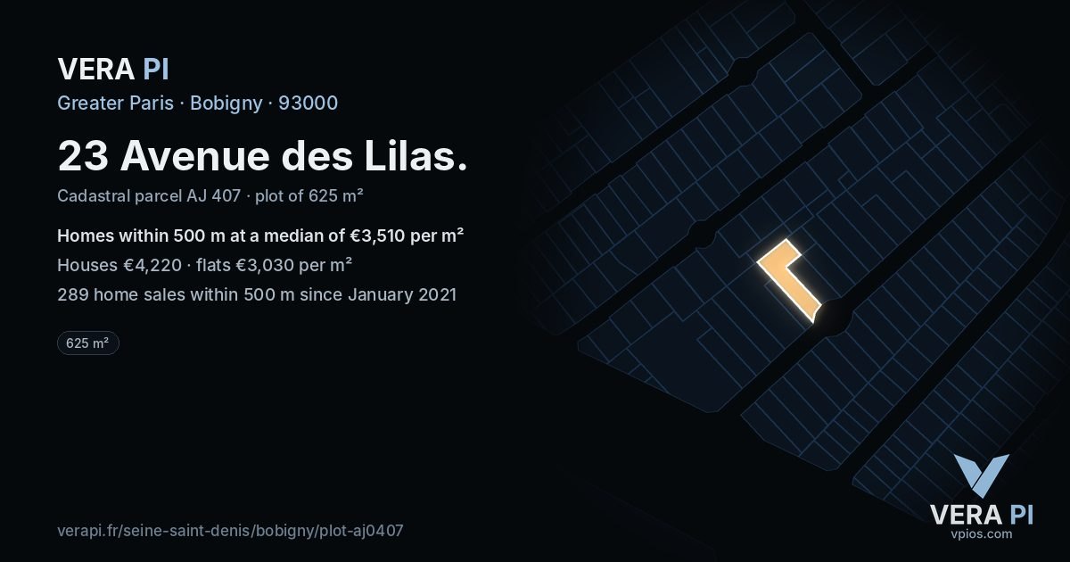 23 Avenue des Lilas, Bobigny at night – the plot lit, the parcels around coloured by the prices near them