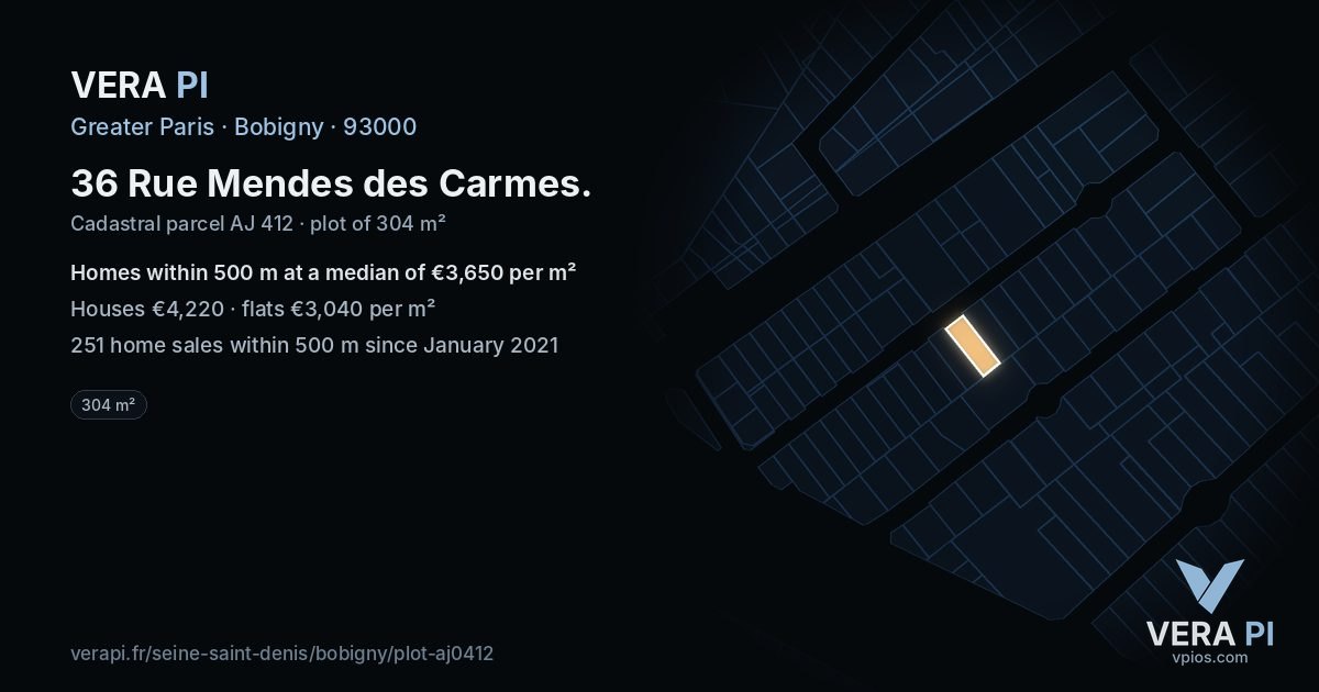 36 Rue Mendes des Carmes, Bobigny at night – the plot lit, the parcels around coloured by the prices near them