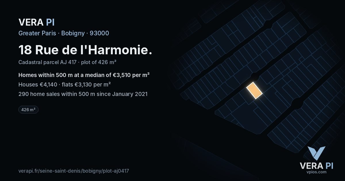 18 Rue de l'Harmonie, Bobigny at night – the plot lit, the parcels around coloured by the prices near them
