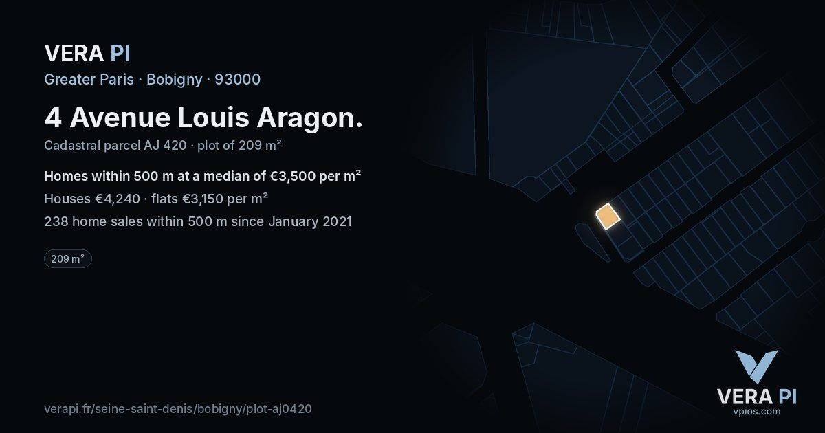 4 Avenue Louis Aragon, Bobigny at night – the plot lit, the parcels around coloured by the prices near them
