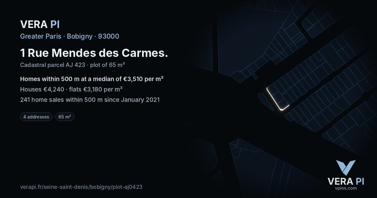 1 Rue Mendes des Carmes, Bobigny at night – the plot lit, the parcels around coloured by the prices near them