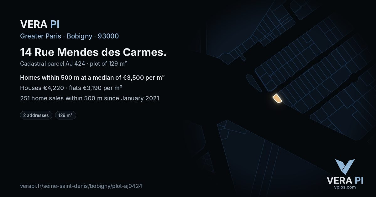 14 Rue Mendes des Carmes, Bobigny at night – the plot lit, the parcels around coloured by the prices near them