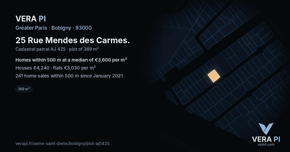25 Rue Mendes des Carmes, Bobigny at night – the plot lit, the parcels around coloured by the prices near them