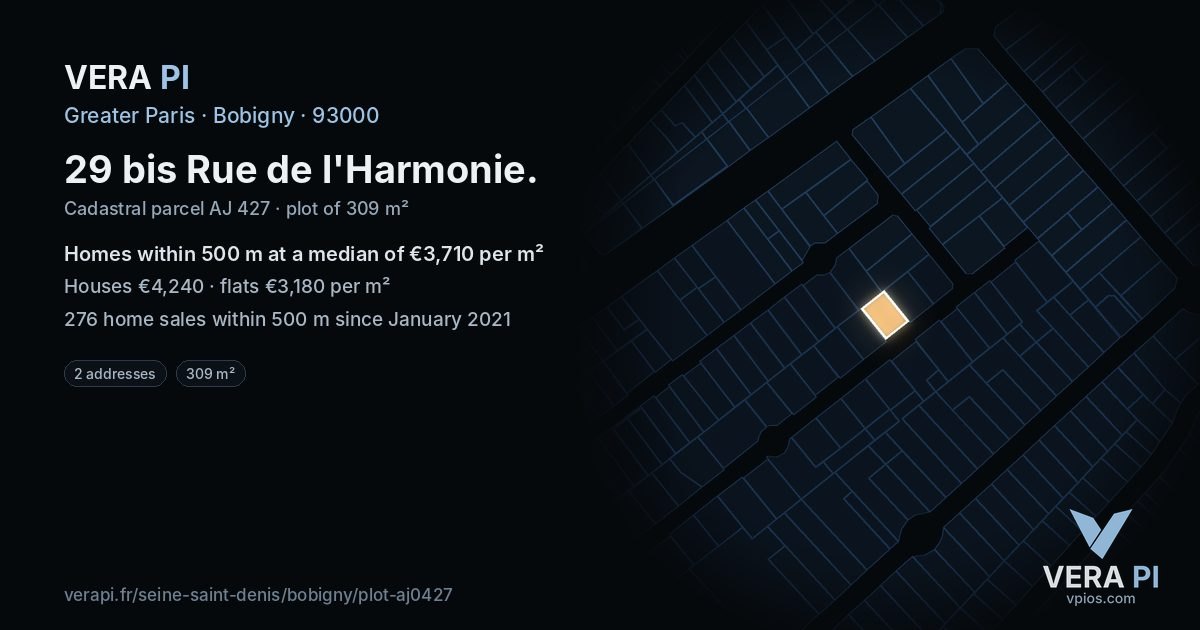 29 bis Rue de l'Harmonie, Bobigny at night – the plot lit, the parcels around coloured by the prices near them