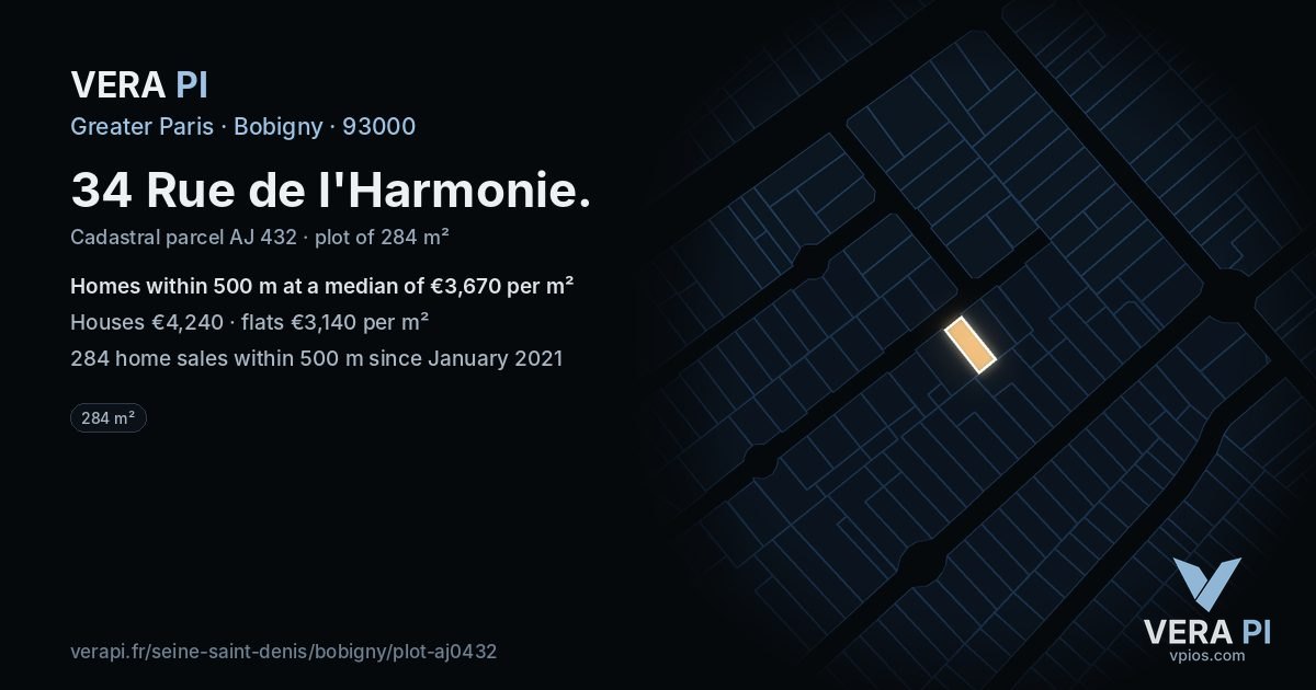 34 Rue de l'Harmonie, Bobigny at night – the plot lit, the parcels around coloured by the prices near them