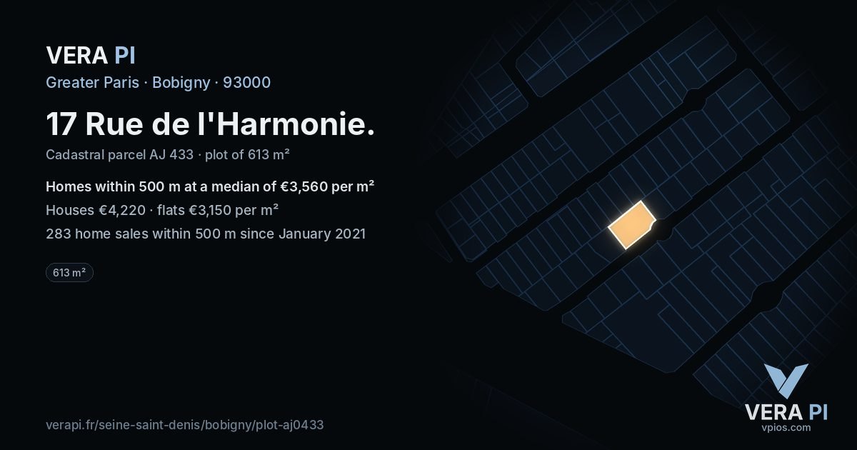17 Rue de l'Harmonie, Bobigny at night – the plot lit, the parcels around coloured by the prices near them