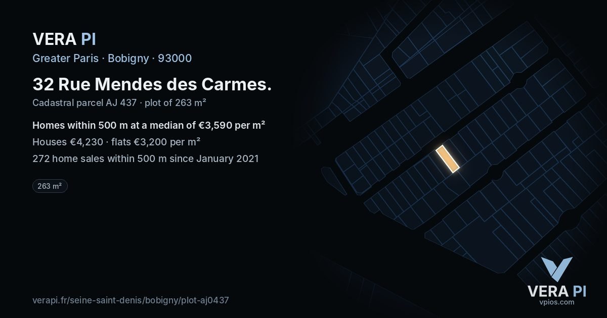32 Rue Mendes des Carmes, Bobigny at night – the plot lit, the parcels around coloured by the prices near them