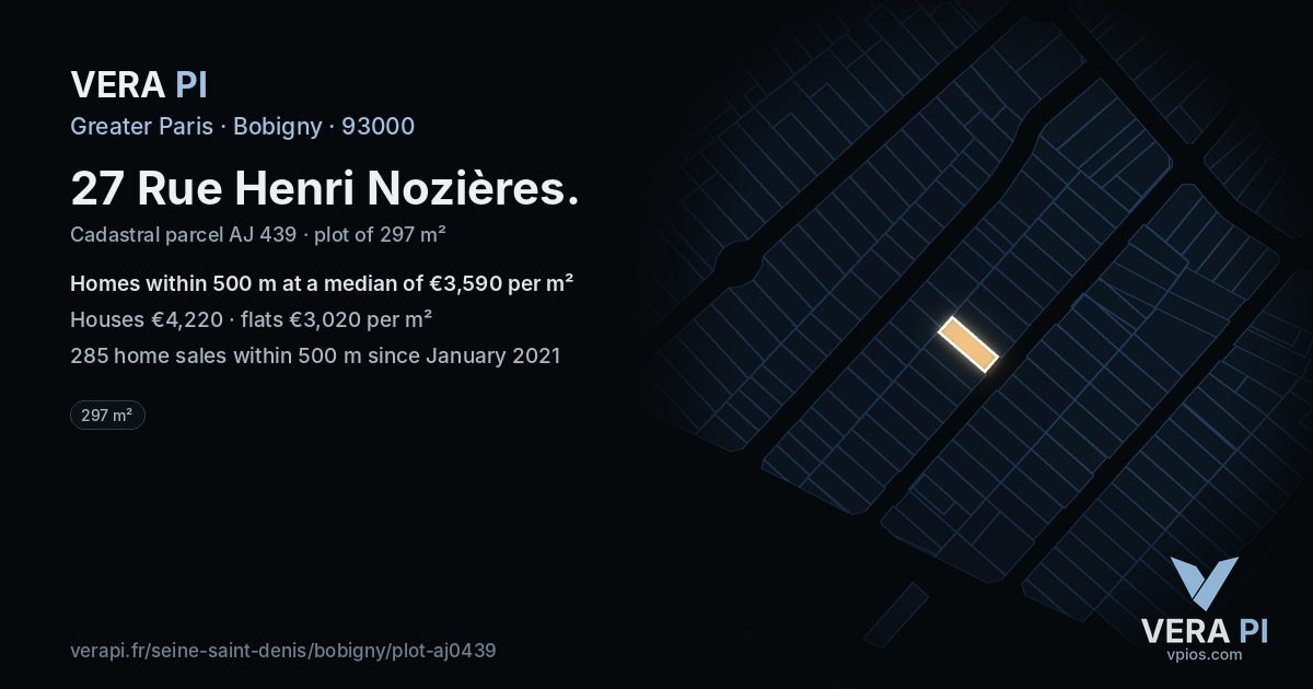 27 Rue Henri Nozières, Bobigny at night – the plot lit, the parcels around coloured by the prices near them