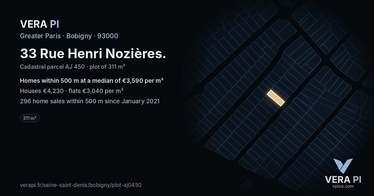 33 Rue Henri Nozières, Bobigny at night – the plot lit, the parcels around coloured by the prices near them