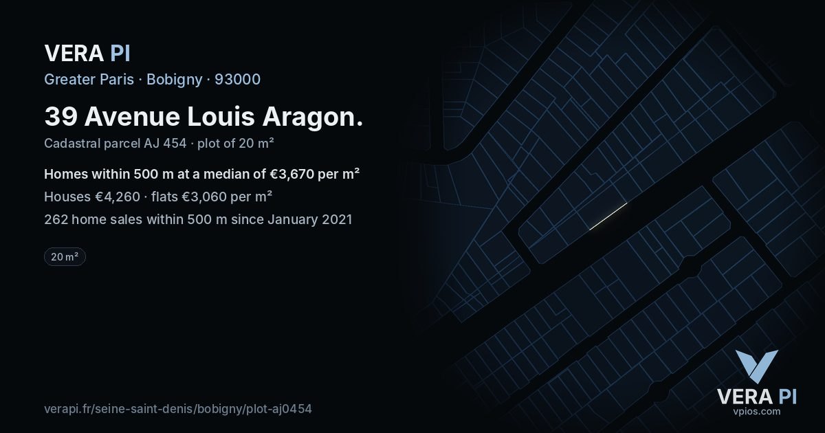 39 Avenue Louis Aragon, Bobigny at night – the plot lit, the parcels around coloured by the prices near them