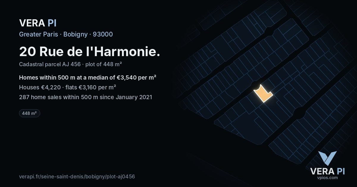 20 Rue de l'Harmonie, Bobigny at night – the plot lit, the parcels around coloured by the prices near them