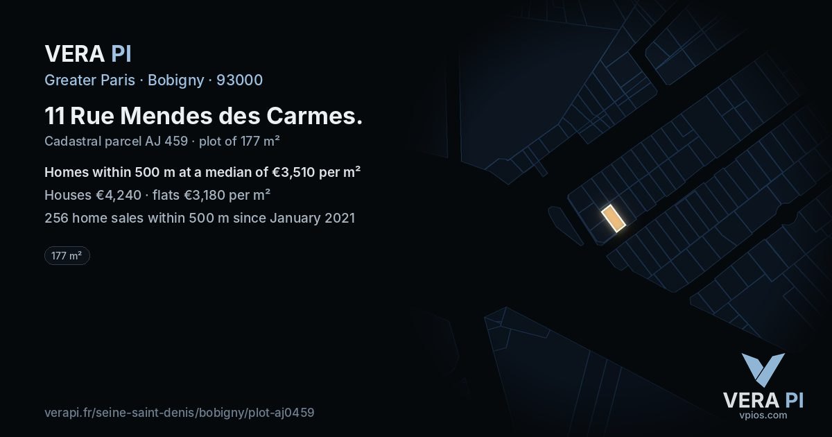 11 Rue Mendes des Carmes, Bobigny at night – the plot lit, the parcels around coloured by the prices near them