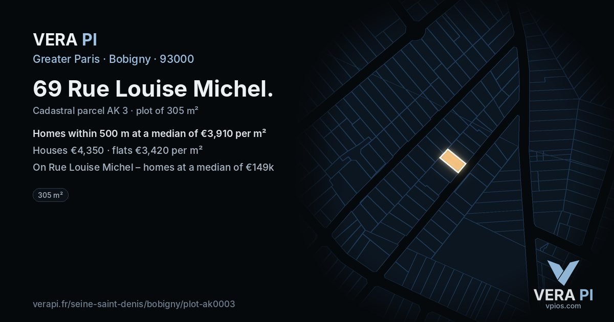 69 Rue Louise Michel, Bobigny at night – the plot lit, the parcels around coloured by the prices near them