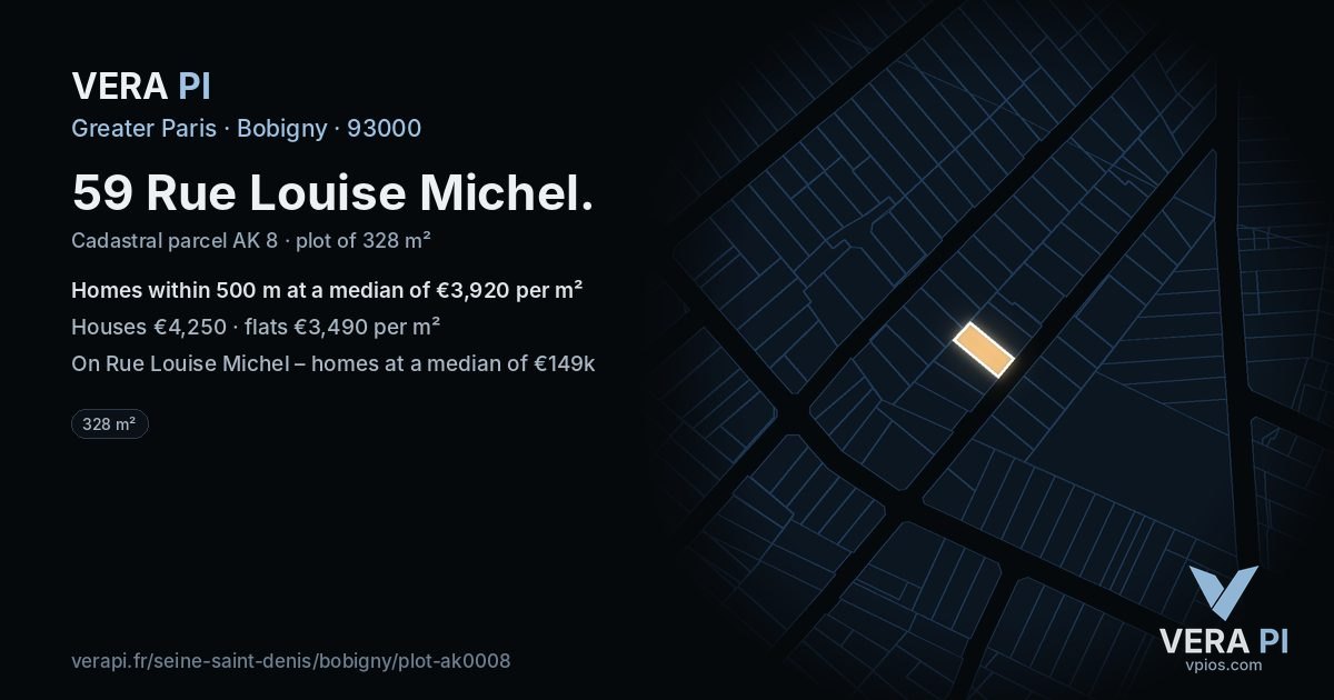 59 Rue Louise Michel, Bobigny at night – the plot lit, the parcels around coloured by the prices near them