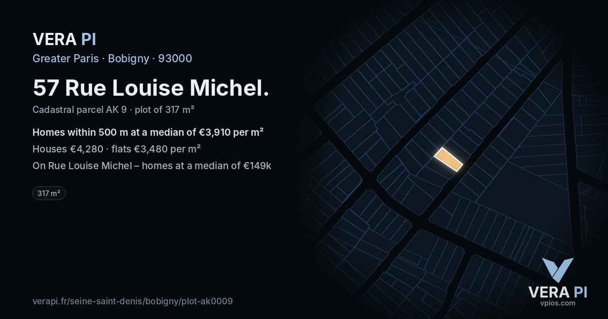 57 Rue Louise Michel, Bobigny at night – the plot lit, the parcels around coloured by the prices near them