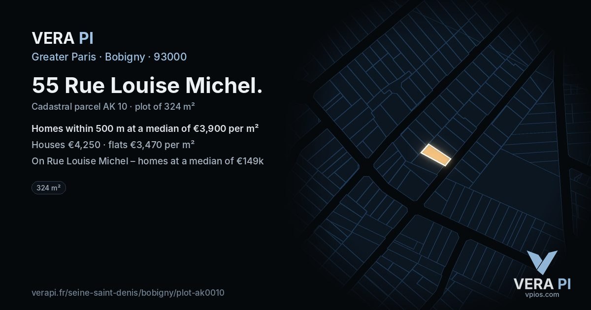 55 Rue Louise Michel, Bobigny at night – the plot lit, the parcels around coloured by the prices near them