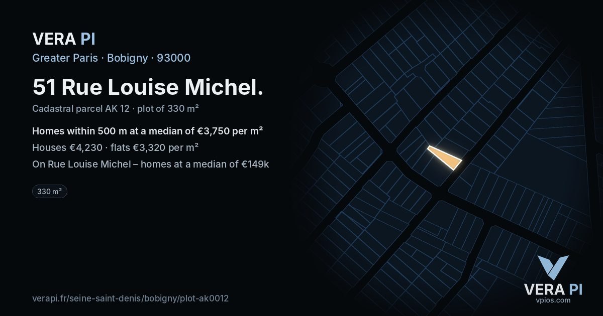 51 Rue Louise Michel, Bobigny at night – the plot lit, the parcels around coloured by the prices near them