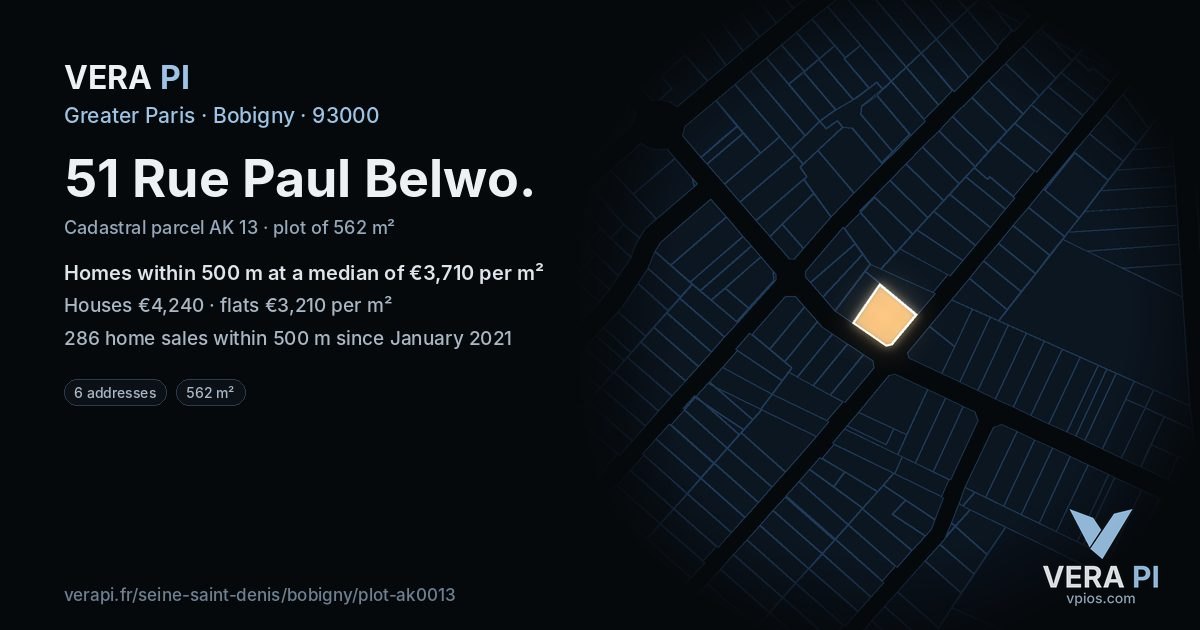 51 Rue Paul Belwo, Bobigny at night – the plot lit, the parcels around coloured by the prices near them