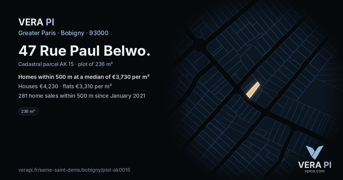 47 Rue Paul Belwo, Bobigny at night – the plot lit, the parcels around coloured by the prices near them