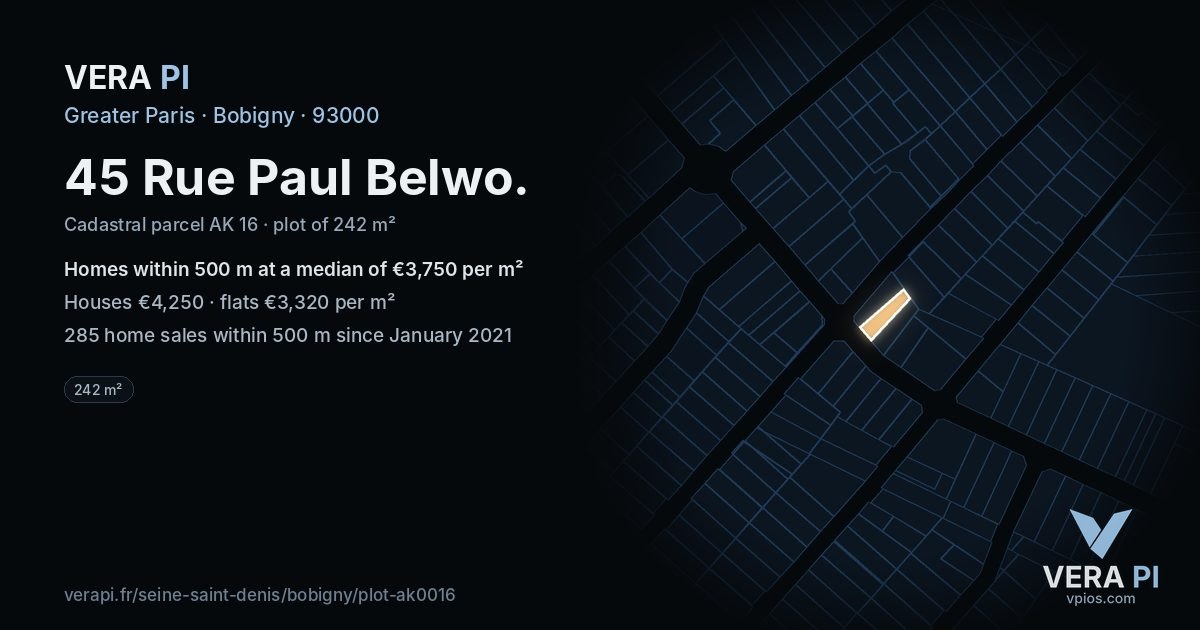 45 Rue Paul Belwo, Bobigny at night – the plot lit, the parcels around coloured by the prices near them