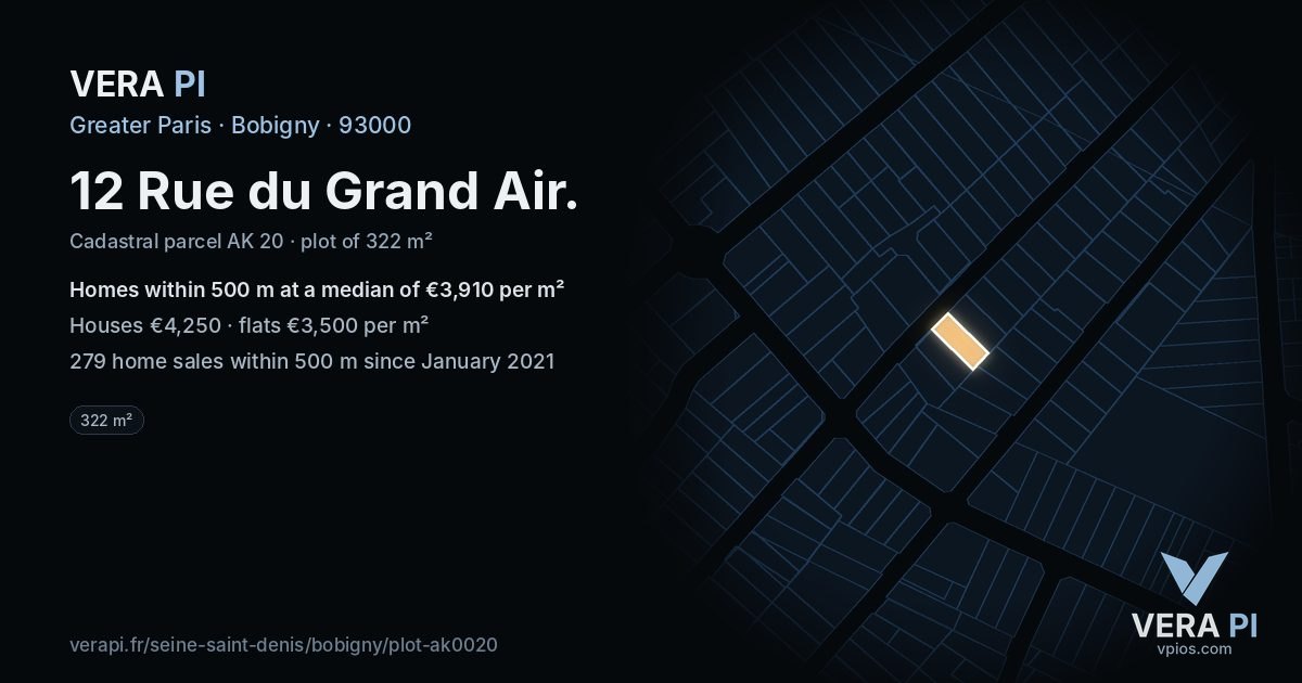 12 Rue du Grand Air, Bobigny at night – the plot lit, the parcels around coloured by the prices near them