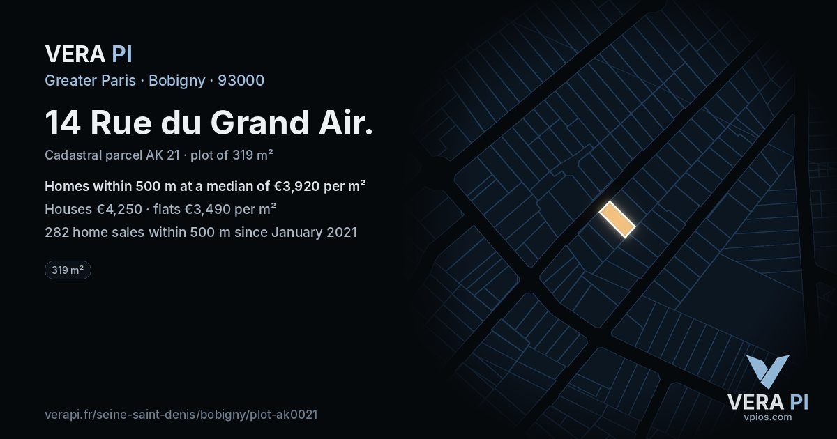 14 Rue du Grand Air, Bobigny at night – the plot lit, the parcels around coloured by the prices near them