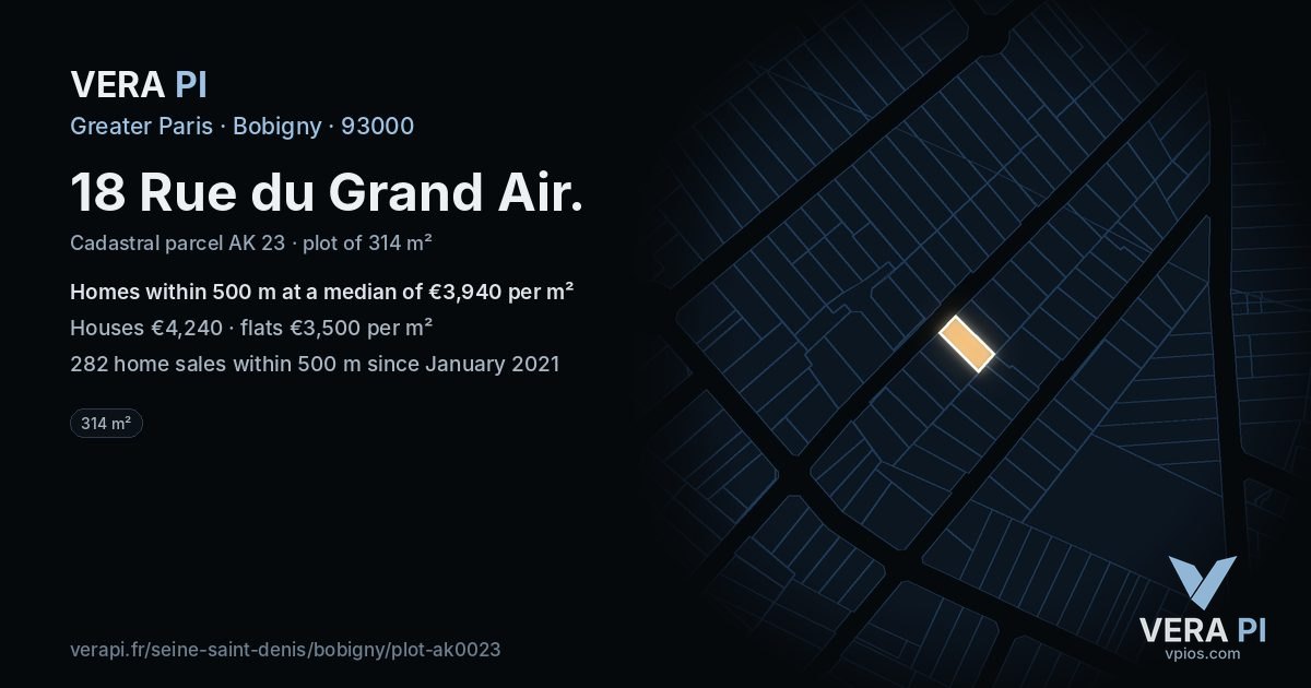 18 Rue du Grand Air, Bobigny at night – the plot lit, the parcels around coloured by the prices near them