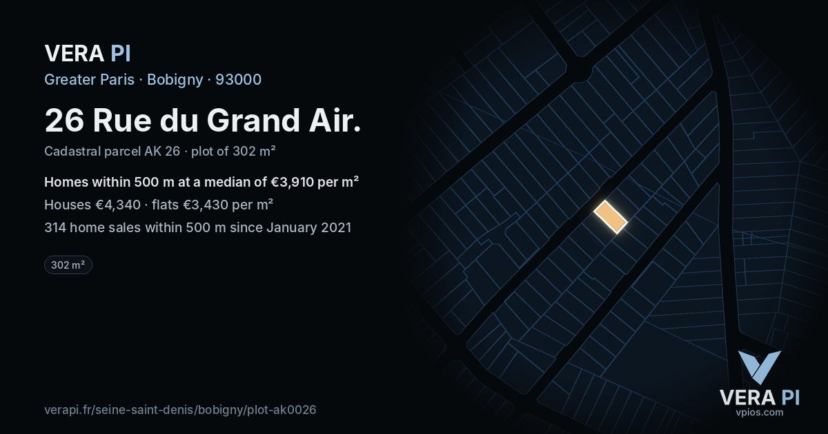 26 Rue du Grand Air, Bobigny at night – the plot lit, the parcels around coloured by the prices near them