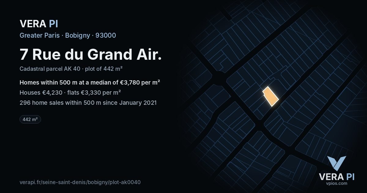 7 Rue du Grand Air, Bobigny at night – the plot lit, the parcels around coloured by the prices near them