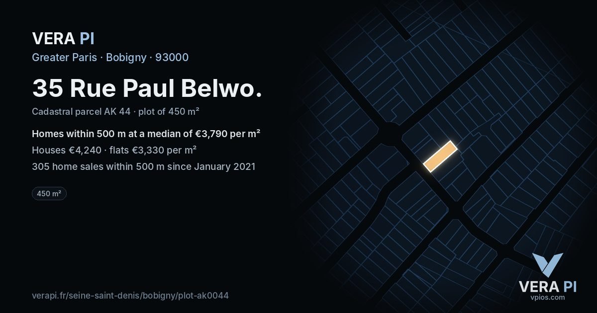 35 Rue Paul Belwo, Bobigny at night – the plot lit, the parcels around coloured by the prices near them