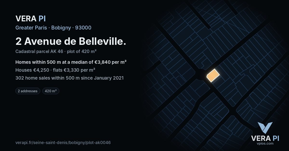 2 Avenue de Belleville, Bobigny at night – the plot lit, the parcels around coloured by the prices near them