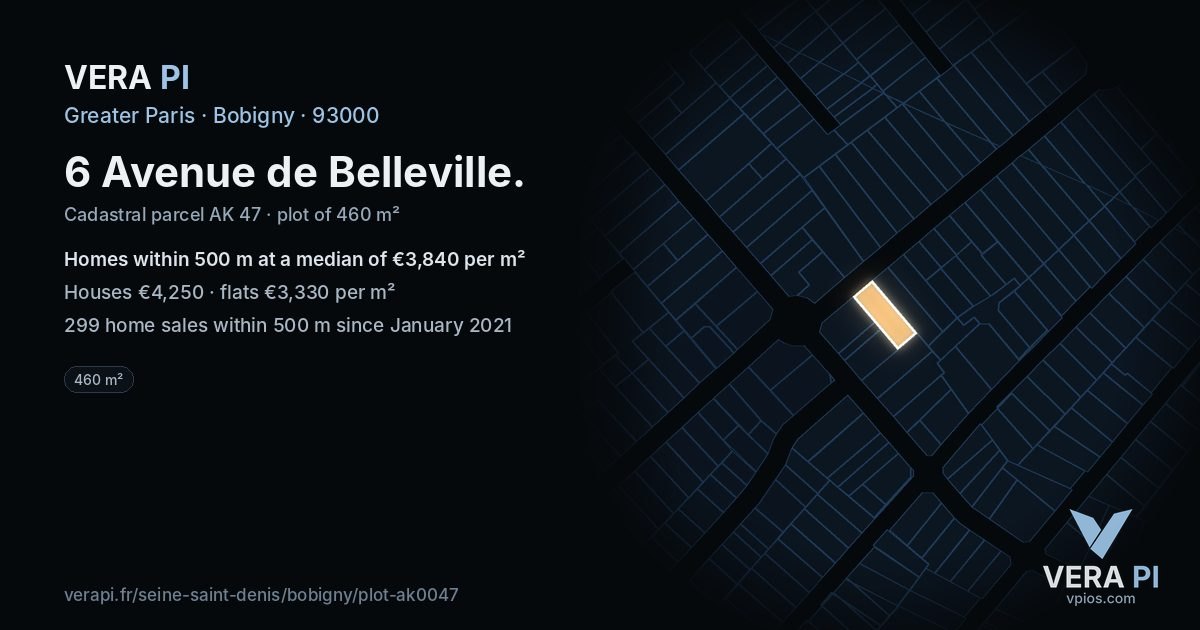 6 Avenue de Belleville, Bobigny at night – the plot lit, the parcels around coloured by the prices near them