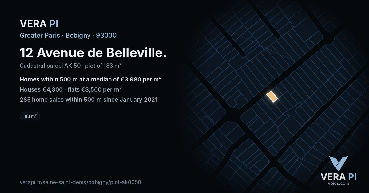 12 Avenue de Belleville, Bobigny at night – the plot lit, the parcels around coloured by the prices near them