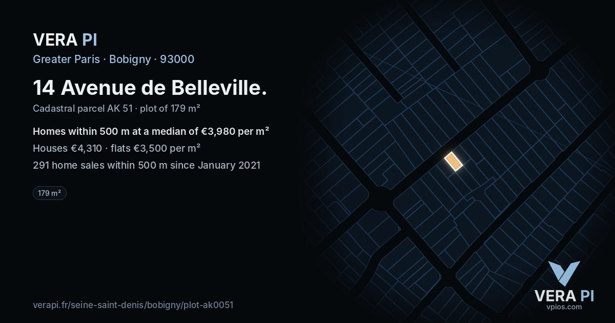 14 Avenue de Belleville, Bobigny at night – the plot lit, the parcels around coloured by the prices near them