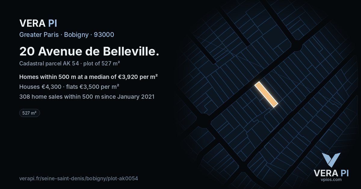 20 Avenue de Belleville, Bobigny at night – the plot lit, the parcels around coloured by the prices near them