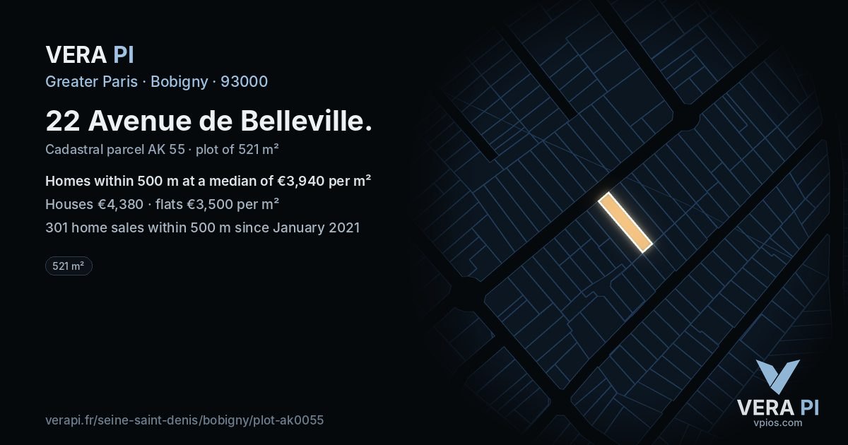 22 Avenue de Belleville, Bobigny at night – the plot lit, the parcels around coloured by the prices near them