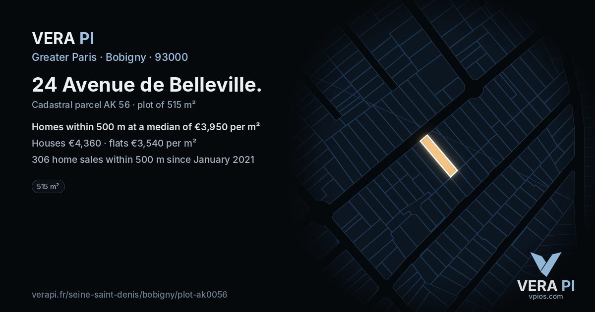 24 Avenue de Belleville, Bobigny at night – the plot lit, the parcels around coloured by the prices near them