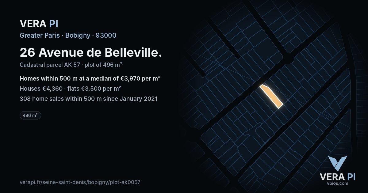 26 Avenue de Belleville, Bobigny at night – the plot lit, the parcels around coloured by the prices near them